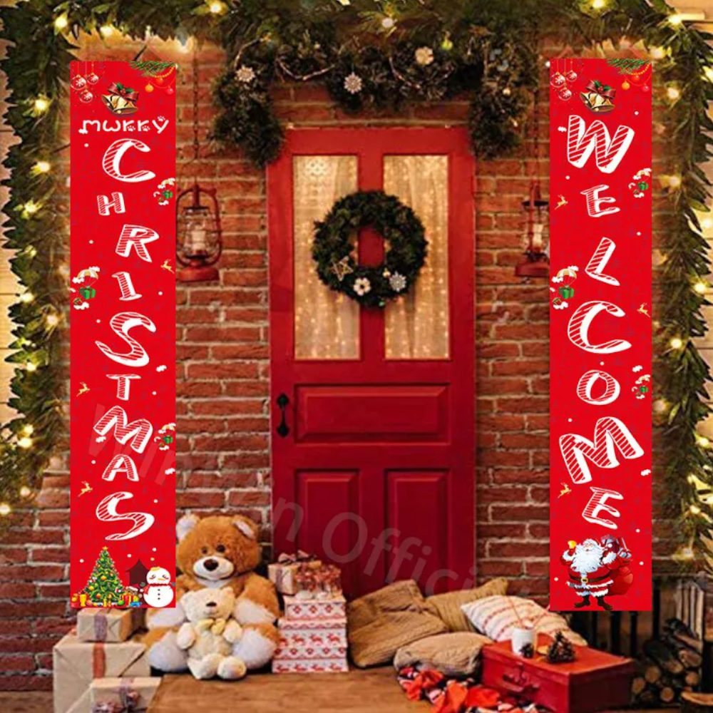 Christmas Porch Sign Oxford Cloth Xmas Door Banner Wall Hanging Party Decoration