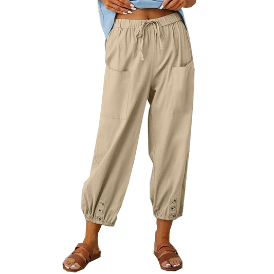 Women's Drawstring Tie Pants Spring Summer Cotton Linen Trousers With Pockets