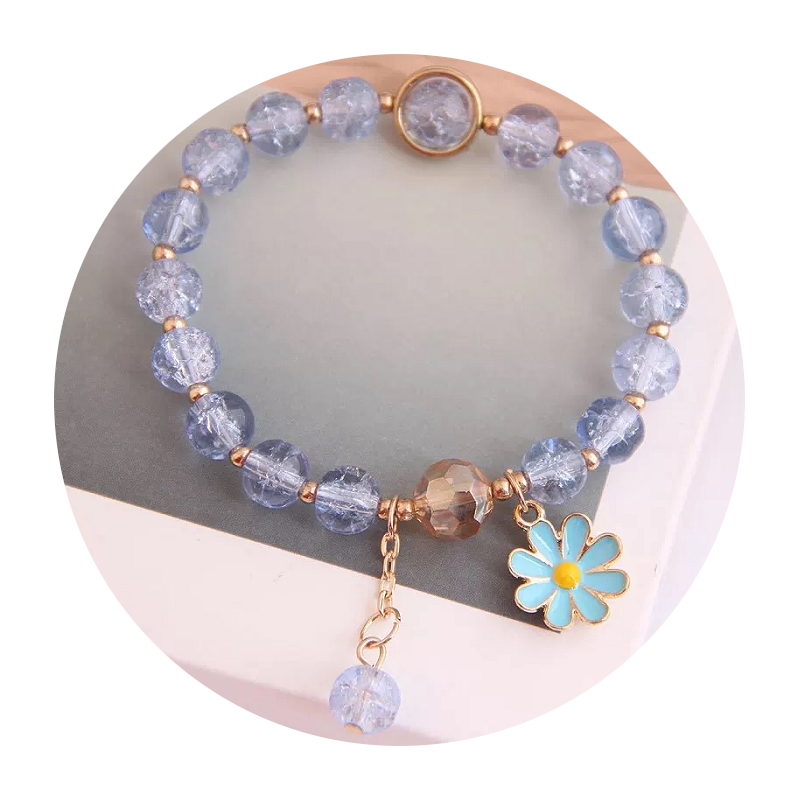 Veile Studios Women's Crystal Bracelet With Daisy Flower Charm Handmade Elastic Rope Luxury