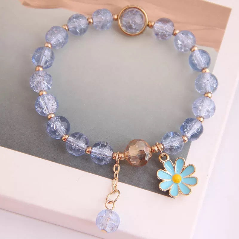 Veile Studios Women's Crystal Bracelet With Daisy Flower Charm Handmade Elastic Rope Luxury