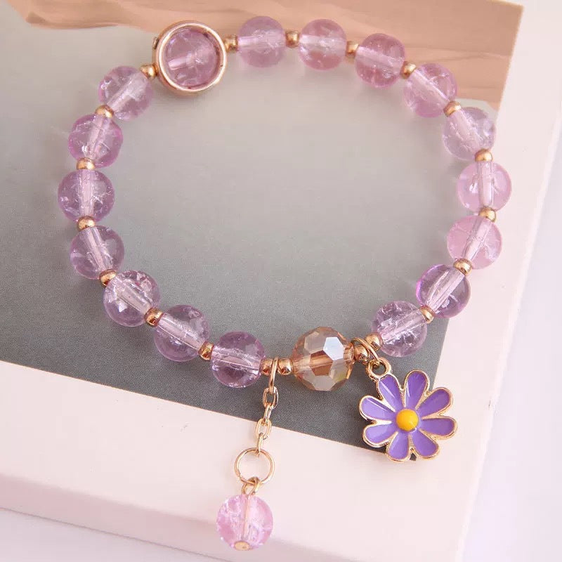 Veile Studios Women's Crystal Bracelet With Daisy Flower Charm Handmade Elastic Rope Luxury