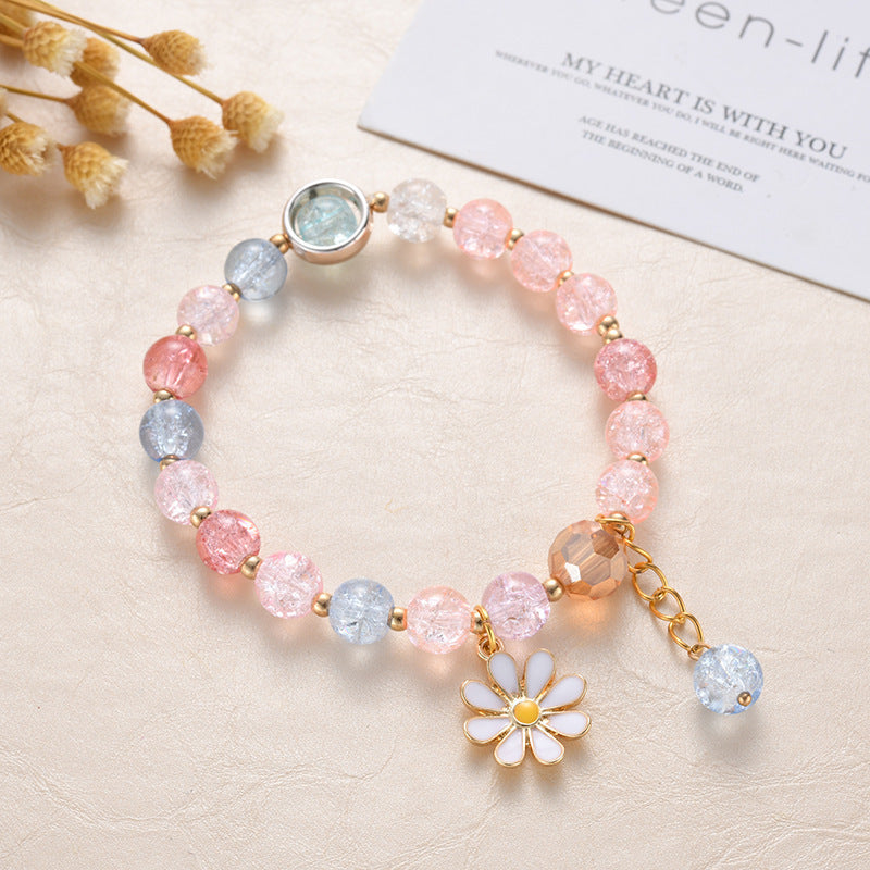 Veile Studios Women's Crystal Bracelet With Daisy Flower Charm Handmade Elastic Rope Luxury