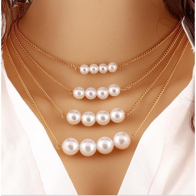 Veile Studios Multi-Layer Womens Pearl Necklace Gold Round Beads Clavicle Chain Sweater