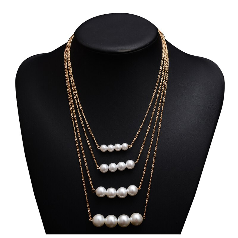Veile Studios Multi-Layer Womens Pearl Necklace Gold Round Beads Clavicle Chain Sweater