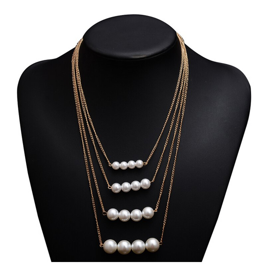 Veile Studios Multi-Layer Womens Pearl Necklace Gold Round Beads Clavicle Chain Sweater