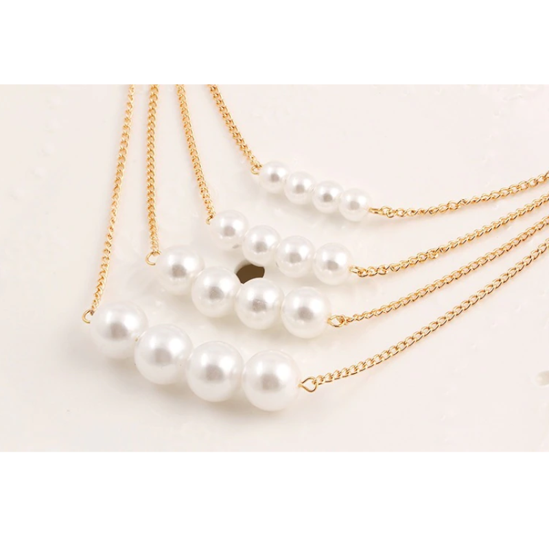 Veile Studios Multi-Layer Womens Pearl Necklace Gold Round Beads Clavicle Chain Sweater
