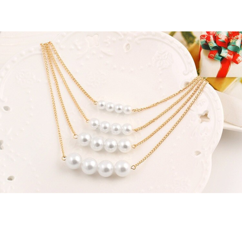 Veile Studios Multi-Layer Womens Pearl Necklace Gold Round Beads Clavicle Chain Sweater