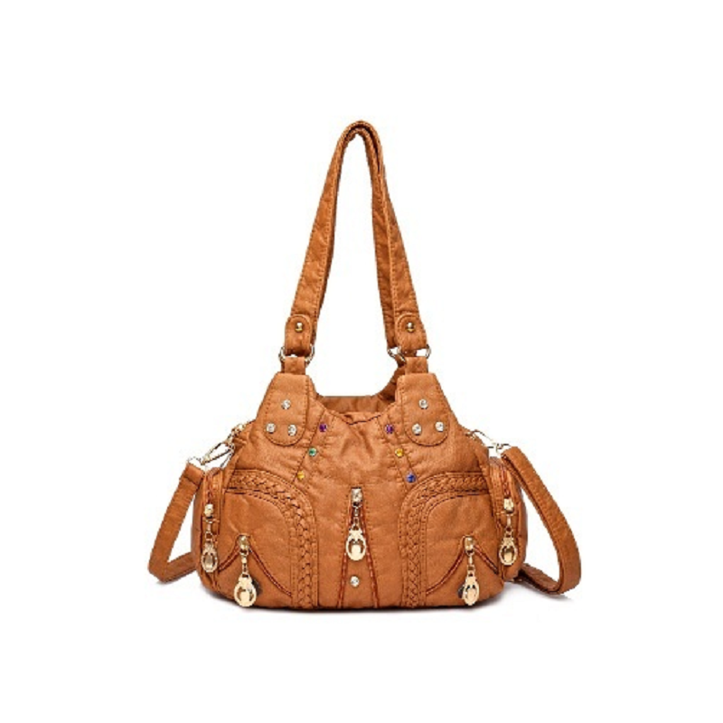 Colored Mosaic Large Capacity Multi-Layer Washed Leather Handbag