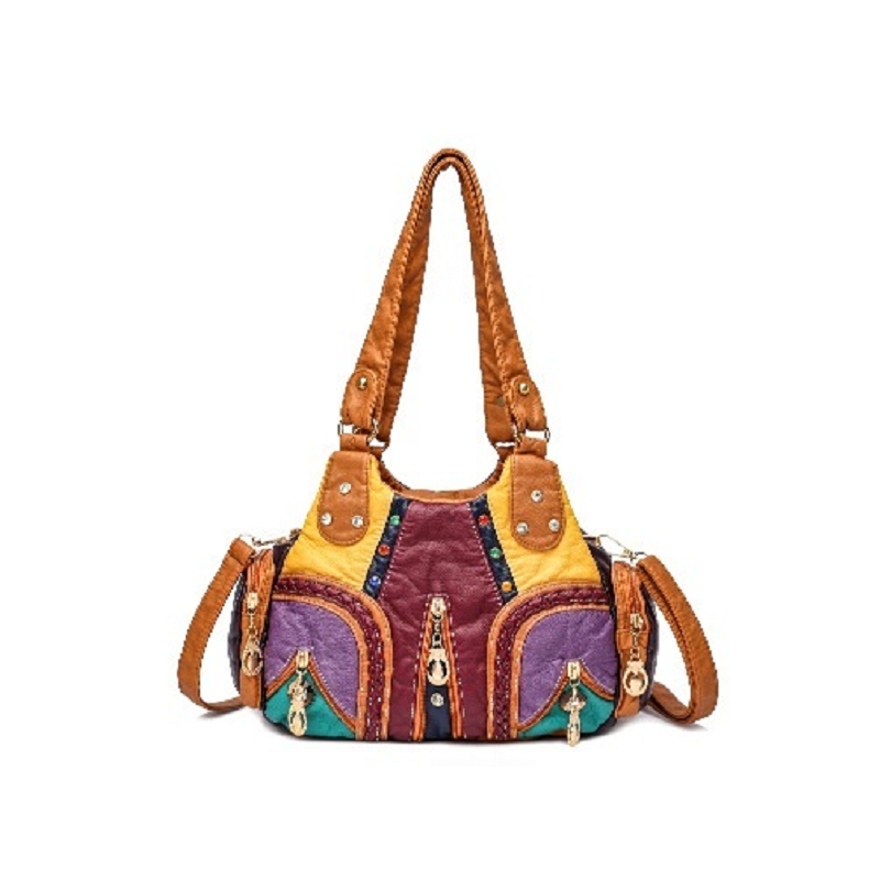 Colored Mosaic Large Capacity Multi-Layer Washed Leather Handbag