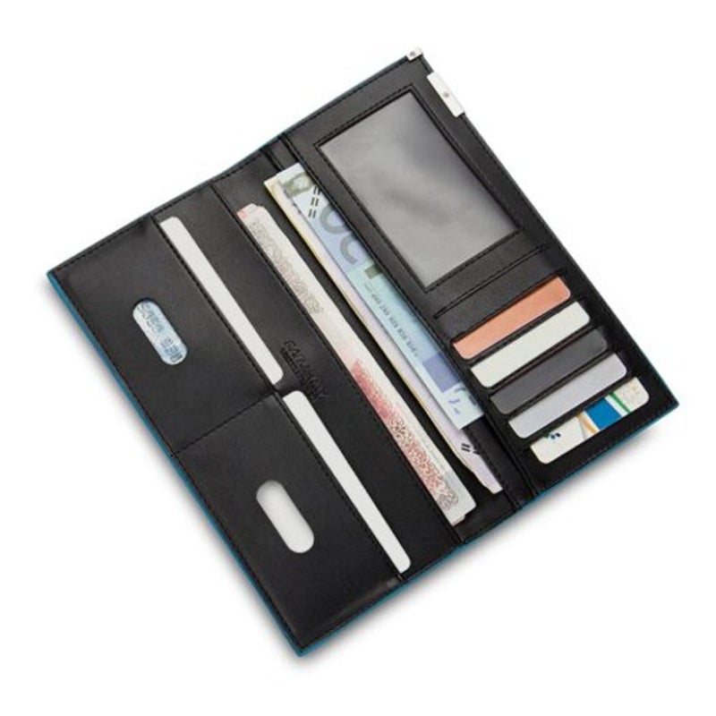 Contrast Color Thin Vertical Two Fold Soft Long Open Wallet For Men Sapphire Blue