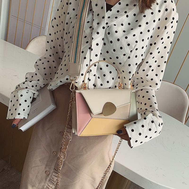 Contrast Color Pu Leather Crossbody Bags Chain With Metal Handle Shoulder