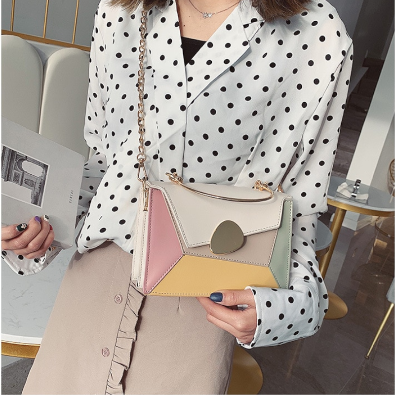 Contrast Color Pu Leather Crossbody Bags Chain With Metal Handle Shoulder