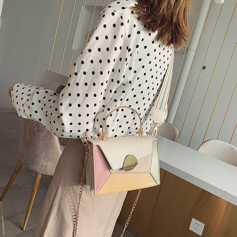 Contrast Color Pu Leather Crossbody Bags Chain With Metal Handle Shoulder
