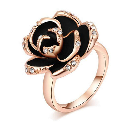 Veile Studios Elegant Black Rose Shaped Crystal Rings Women Gold Jewellery
