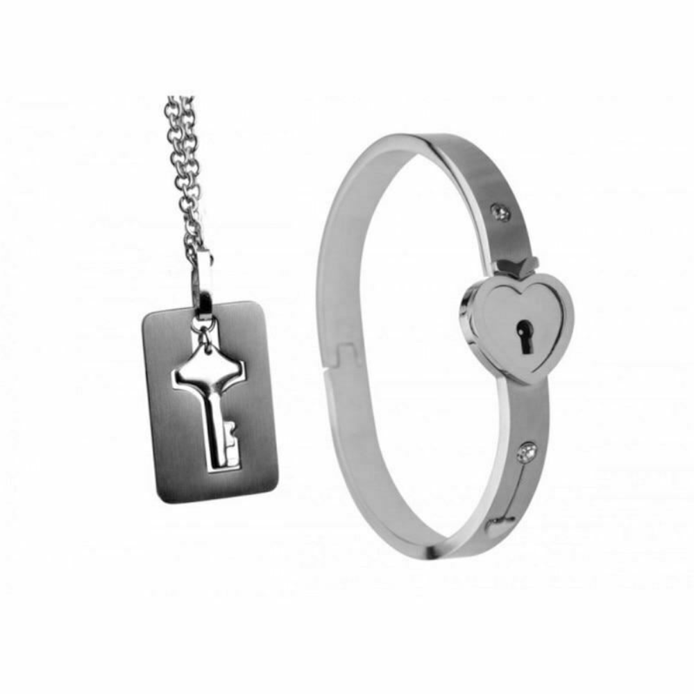 Cuffed Locking Bracelet And Key Pendant Necklace Lockable Heart Bdsm Jewellery