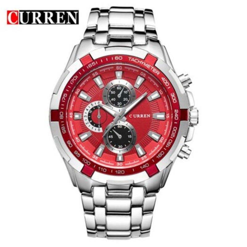 8023 Men's Fashion Simple Stainless Steel Strap Quartz Watch Red