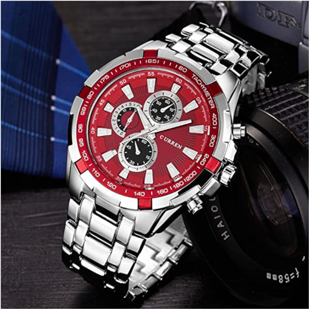 8023 Men's Fashion Simple Stainless Steel Strap Quartz Watch Red