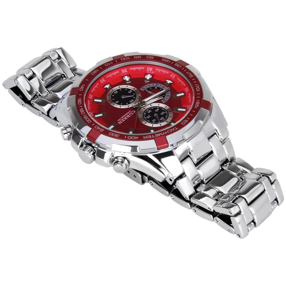 8023 Men's Fashion Simple Stainless Steel Strap Quartz Watch Red