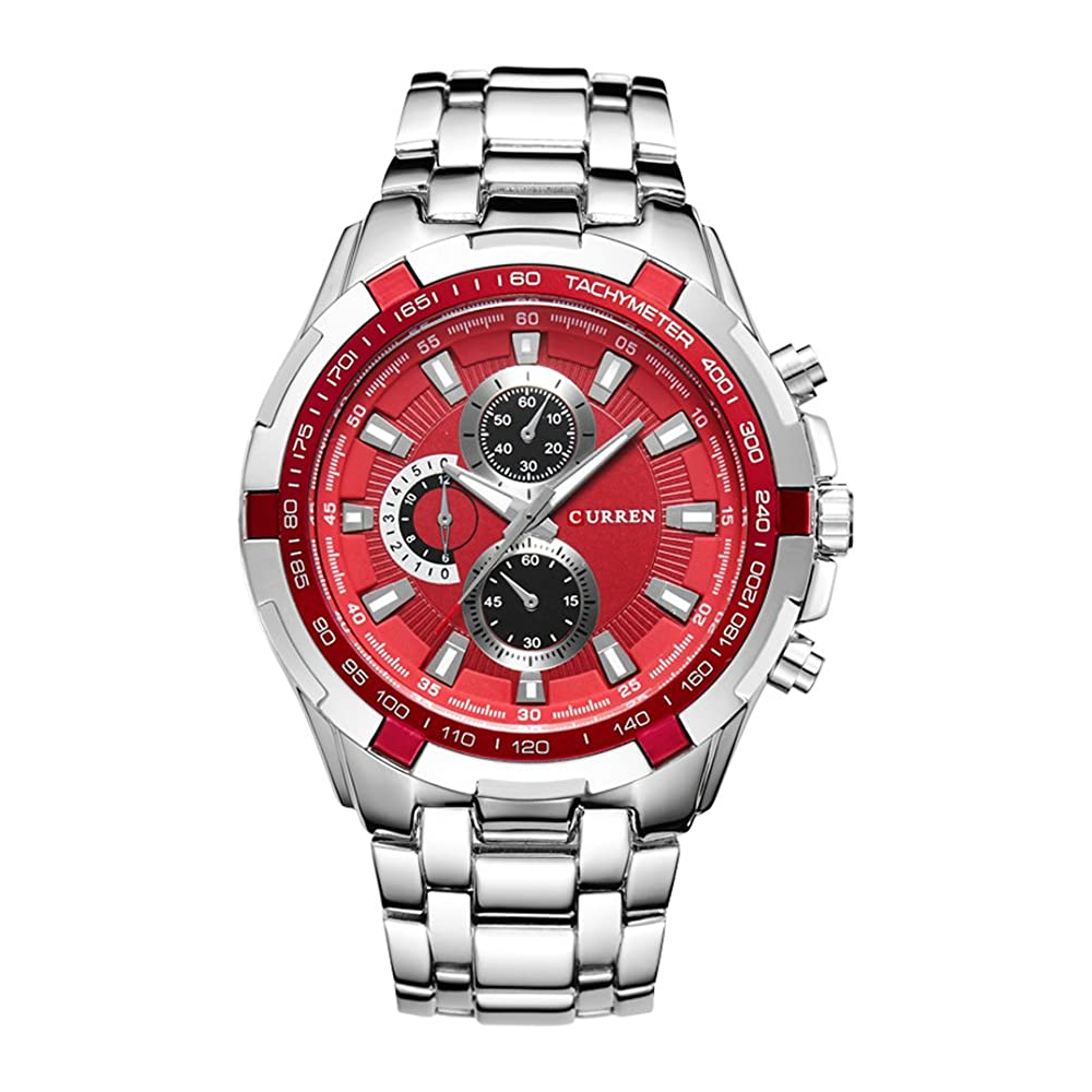 8023 Men's Fashion Simple Stainless Steel Strap Quartz Watch Red