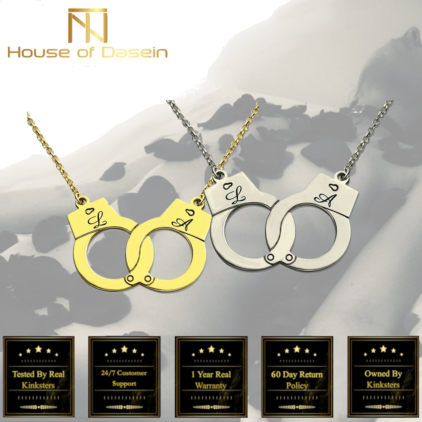 Custom Initials Necklace Pendant Handcuffs Symbolic Jewellery Bdsm