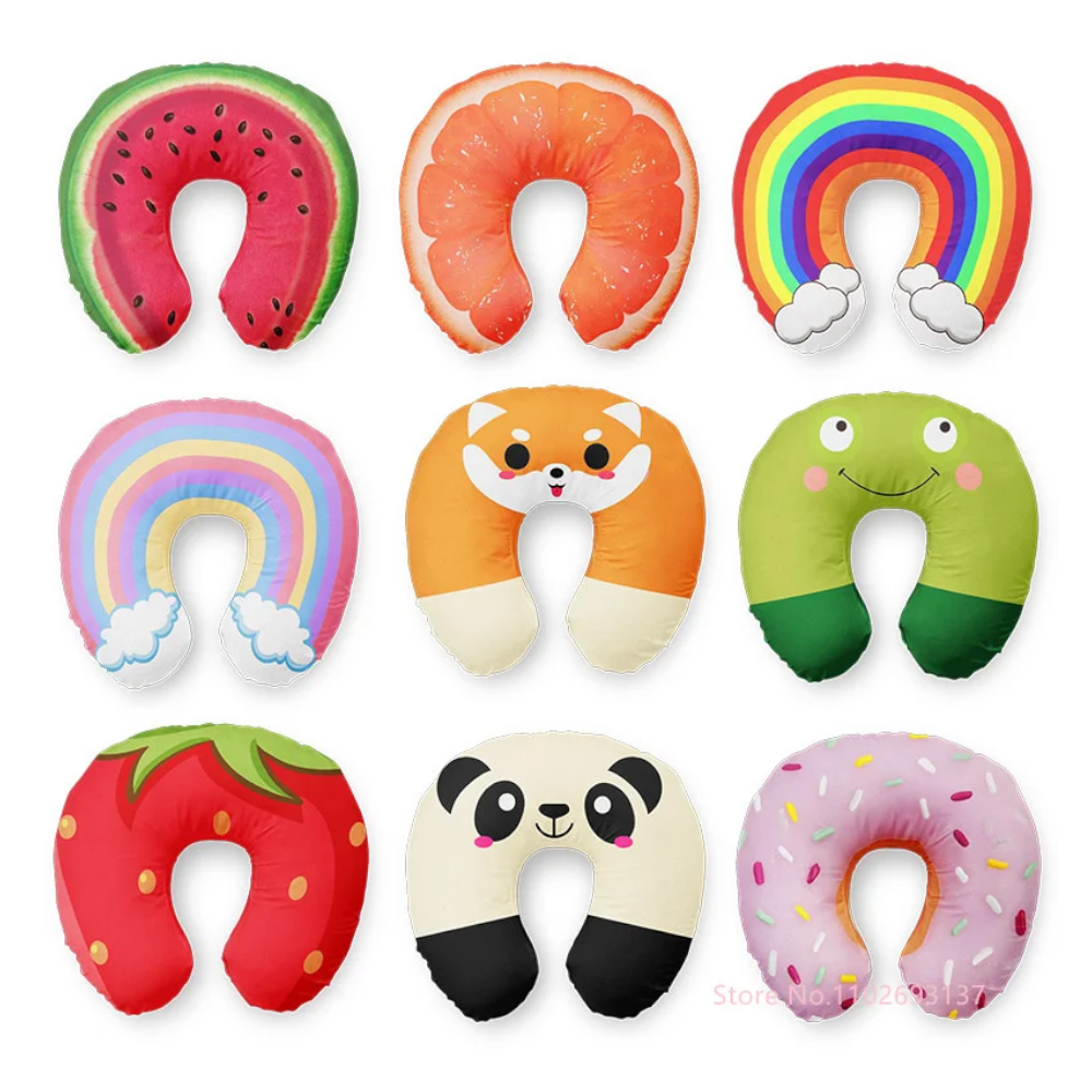 Cute Cartoon Ins Style Travel Neck Pillow U-Shaped Panda Rainbow Cloud Fruit Inflatable Cushion For Kids Adults Family F