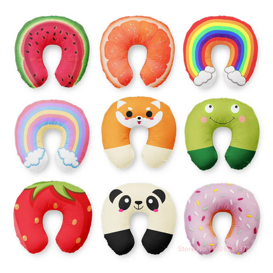 Cute Cartoon Ins Style Travel Neck Pillow U-Shaped Panda Rainbow Cloud Fruit Inflatable Cushion For Kids Adults Family F