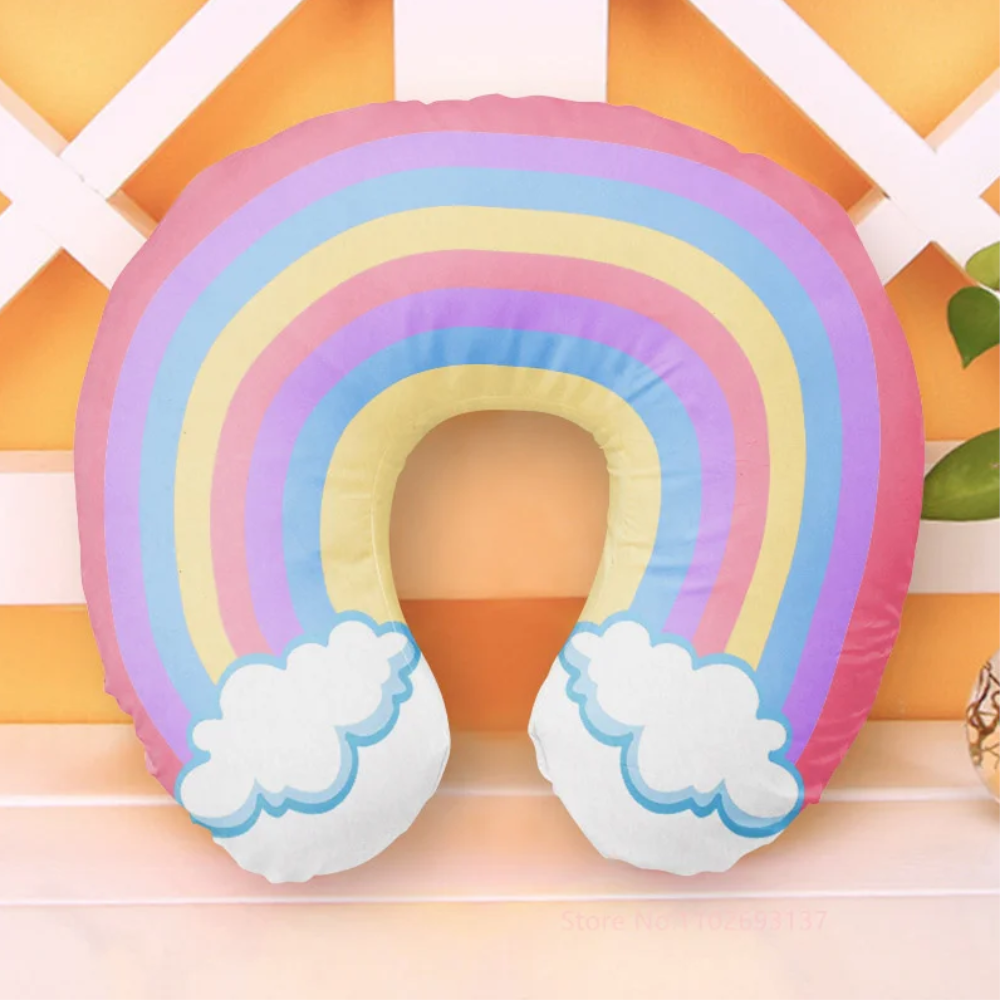 Cute Cartoon Ins Style Travel Neck Pillow U-Shaped Panda Rainbow Cloud Fruit Inflatable Cushion For Kids Adults Family F