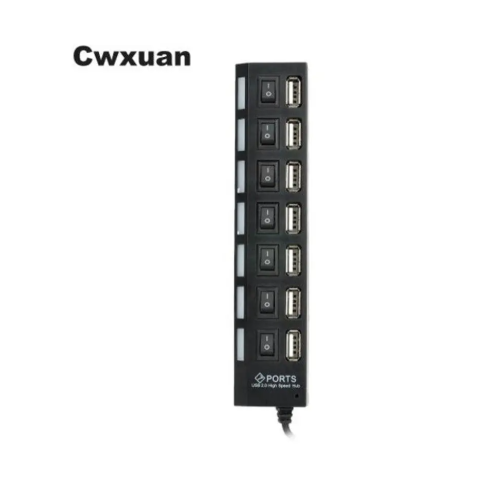 7 Port Usb 2.0 Hub With Individual Switch Power Cable Black