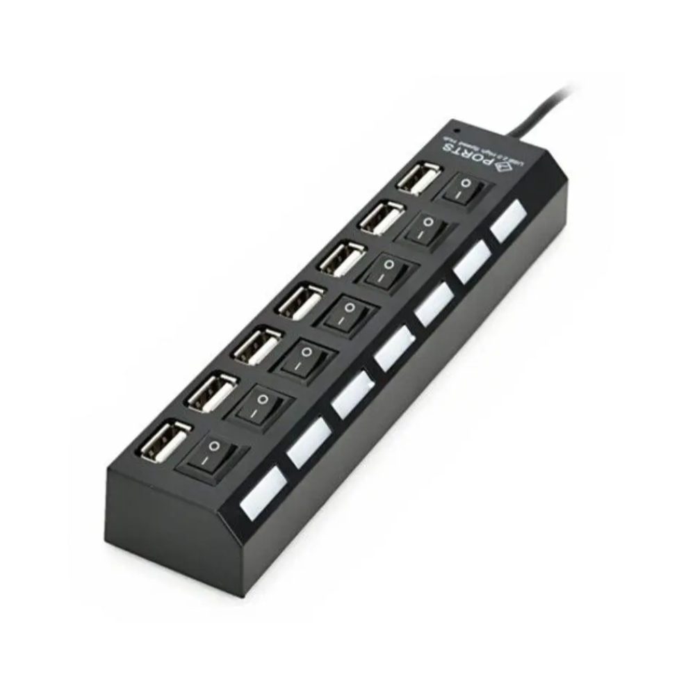 7 Port Usb 2.0 Hub With Individual Switch Power Cable Black