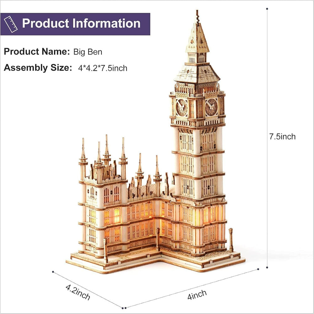 Robotime Rokr 3D Wooden Puzzle Diy Big Ben Toys With Led Light For Teens Xmas Gifts Tg507