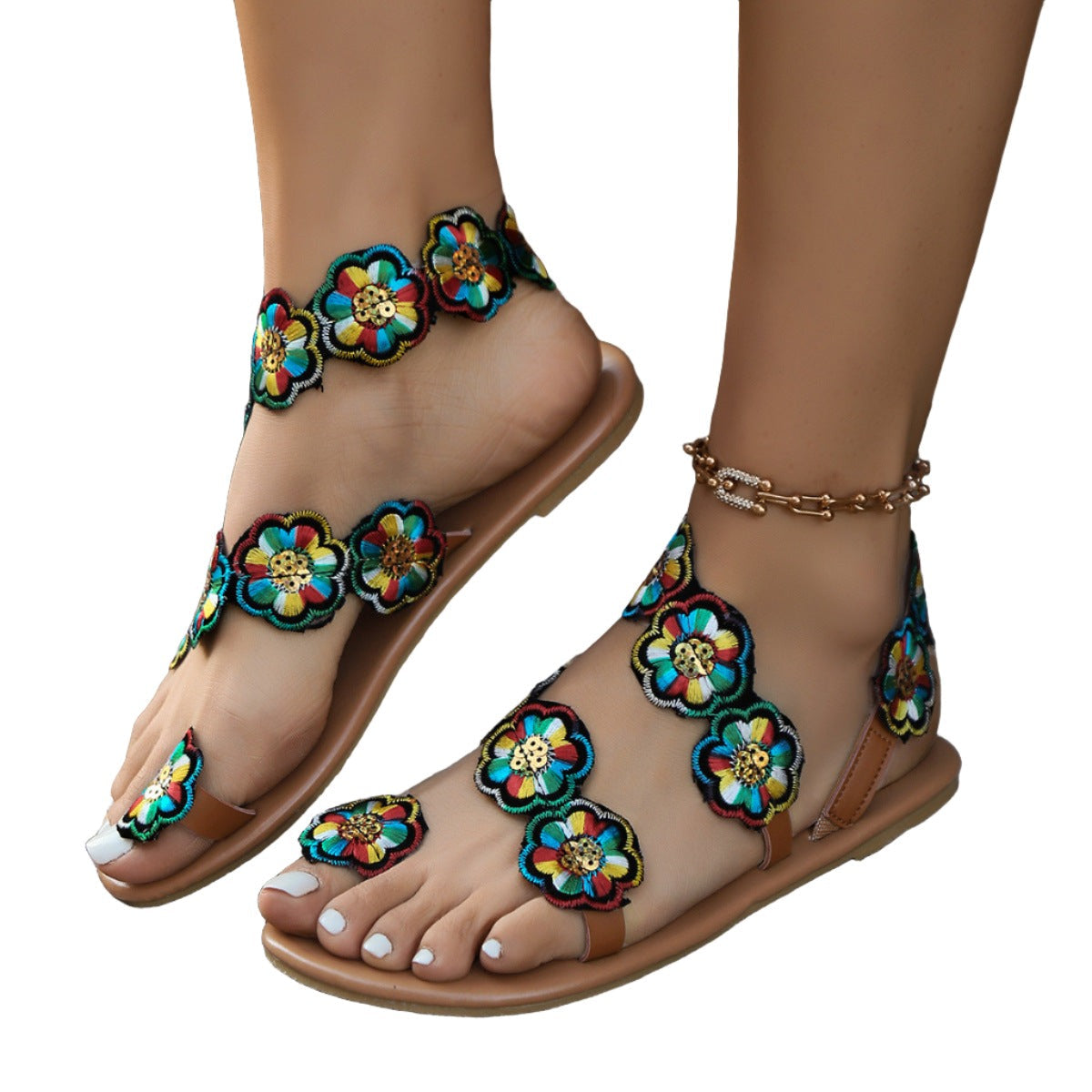 Ethnic Style Flowers Flat Sandals Summer Vacation Casual Clip Toe Beach Shoes For Women