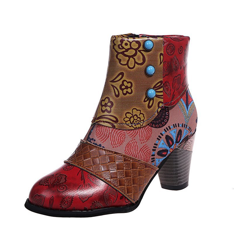 Bohemian Women's Boho Boots Retro Block High Heels Zipper