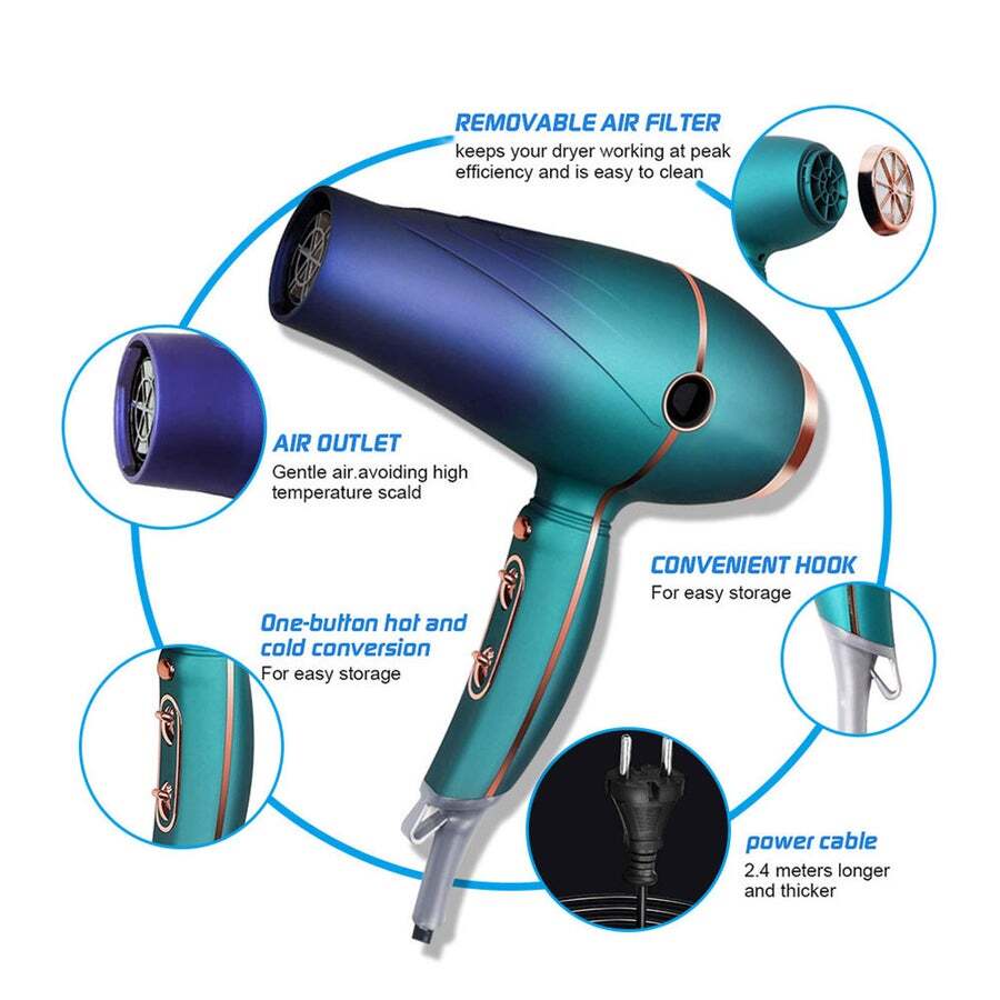 2000W Hair Dryer Salon Negative Ionic Blow Diffuser Nozzle Speed 3 Heat Settings