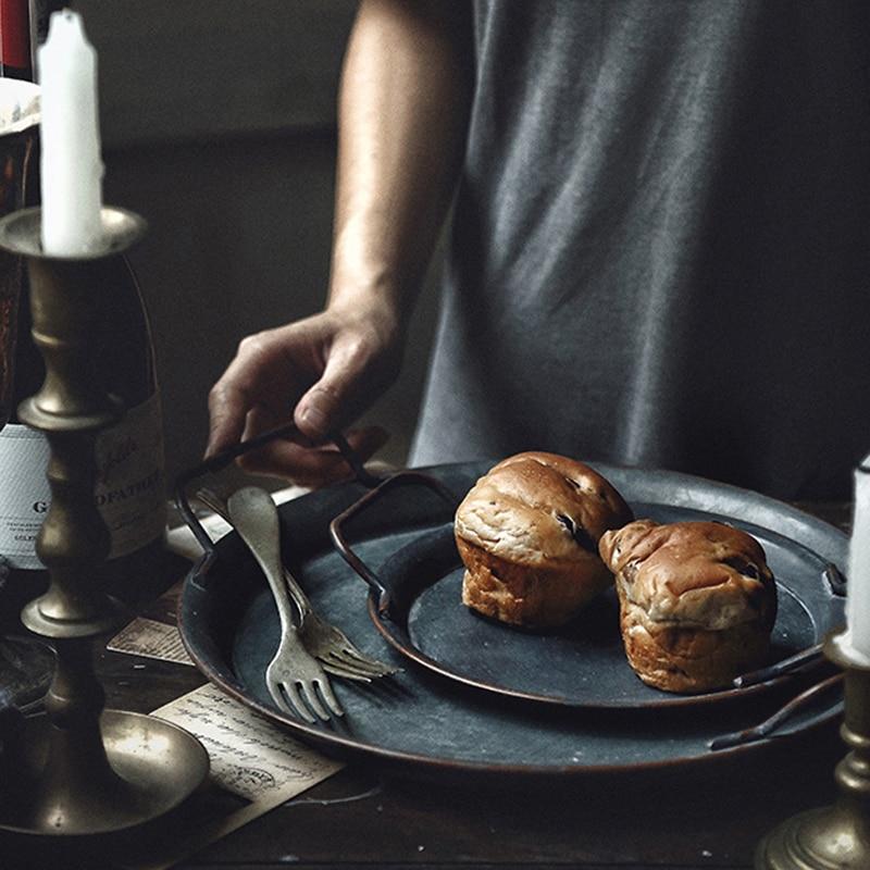 Retro Metal Plate With Handles Decorative Bread Tray