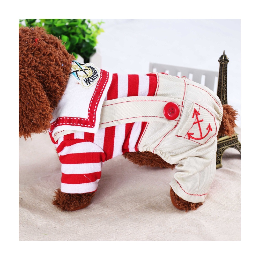 Red Cute Sailor Dog Outfit Striped Shirt & Anchor Overalls For Small Dogs (Size : )