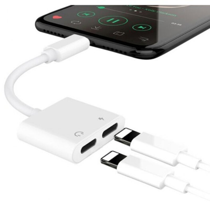 Double Jack Charging Audio Adapter For Iphone 7 / 8 White