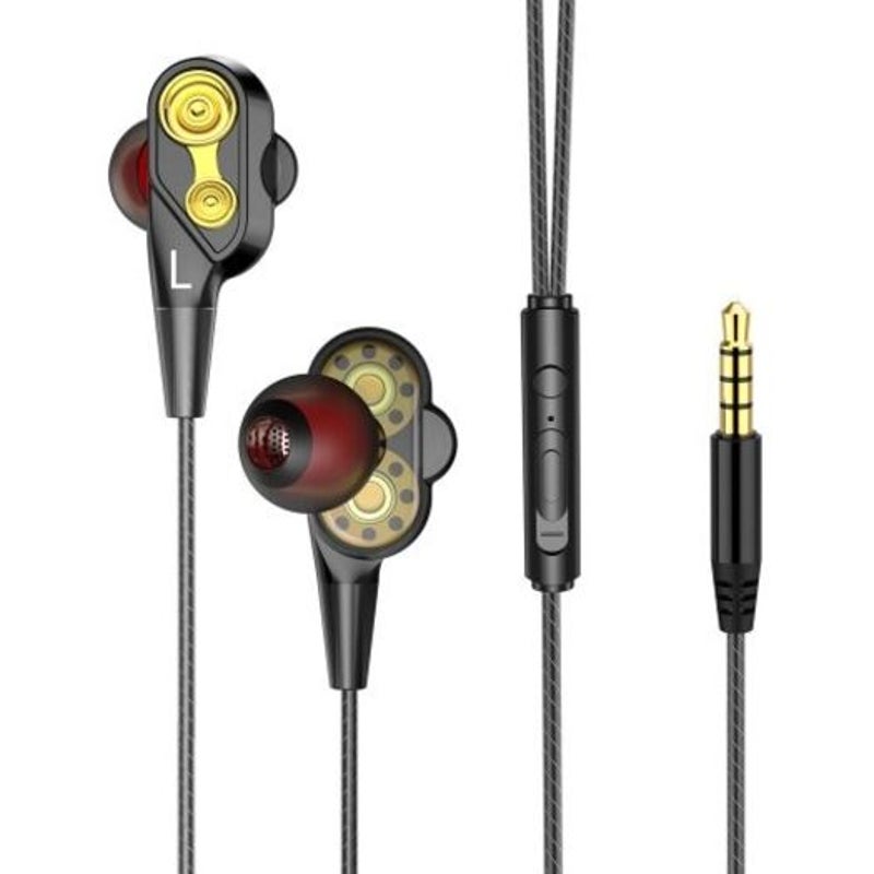 Double Unit Drive Earphone Bass Subwoofer With Microphone Sport Earbuds Black 1Pc