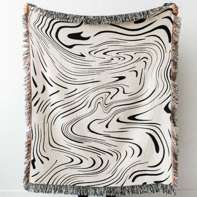 Throw Blanket Faux Cashmere Sofa Cover Black Water Waves Pattern Tassel 130X160cm