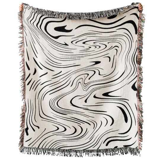 Throw Blanket Faux Cashmere Sofa Cover Black Water Waves Pattern Tassel 130X160cm