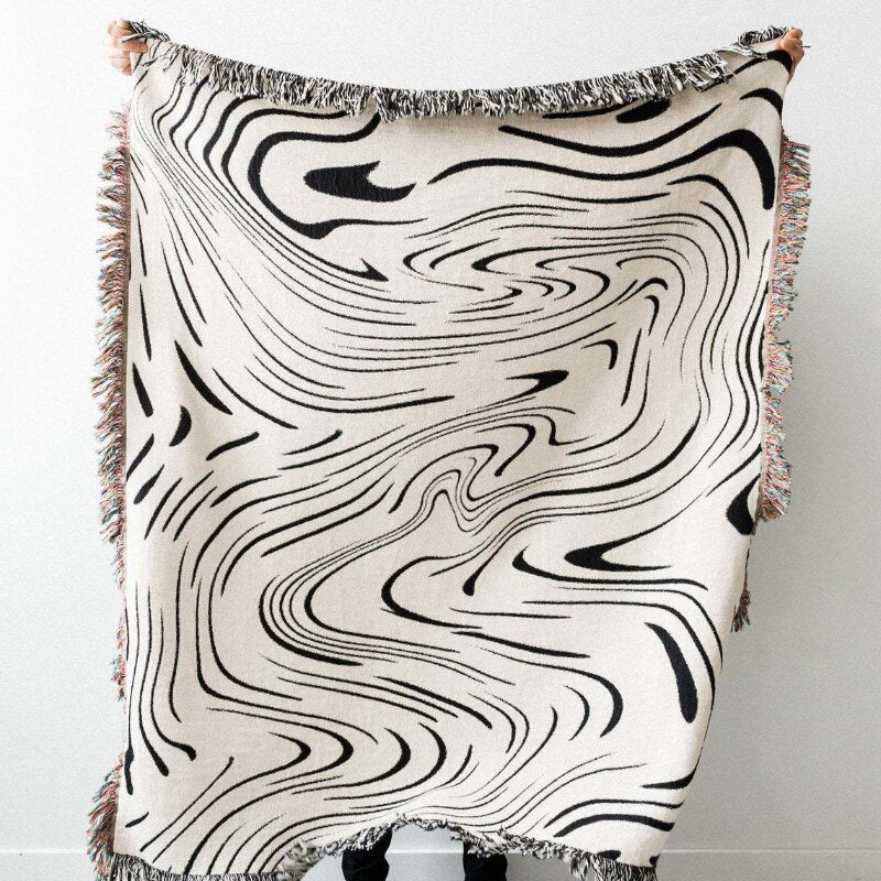 Throw Blanket Faux Cashmere Sofa Cover Black Water Waves Pattern Tassel 130X160cm