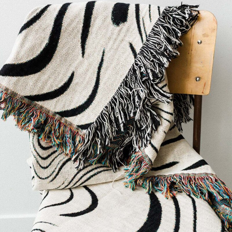Throw Blanket Faux Cashmere Sofa Cover Black Water Waves Pattern Tassel 130X160cm