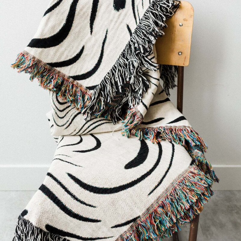 Throw Blanket Faux Cashmere Sofa Cover Black Water Waves Pattern Tassel 130X160cm