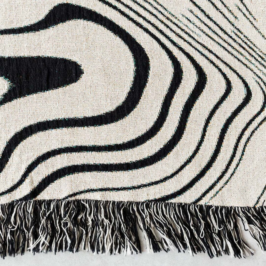 Throw Blanket Faux Cashmere Sofa Cover Black Water Waves Pattern Tassel 130X160cm