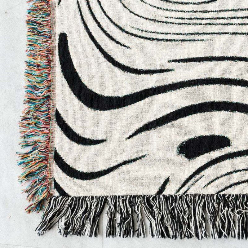 Throw Blanket Faux Cashmere Sofa Cover Black Water Waves Pattern Tassel 130X160cm