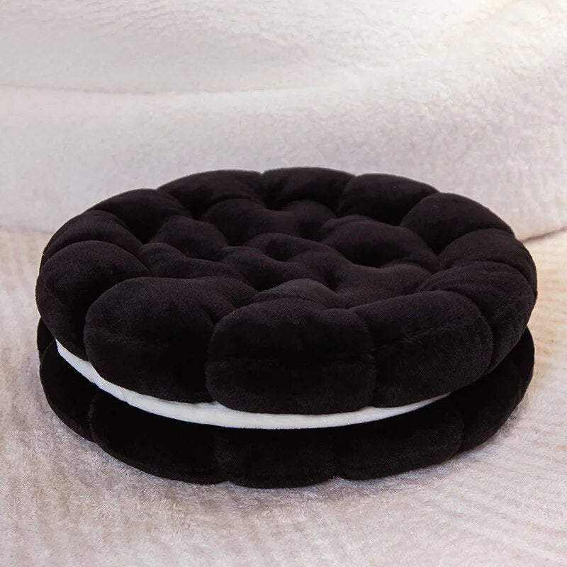 Plush Pillow Black Round Double Biscuit Shape Stuffed Soft Cushion Decor