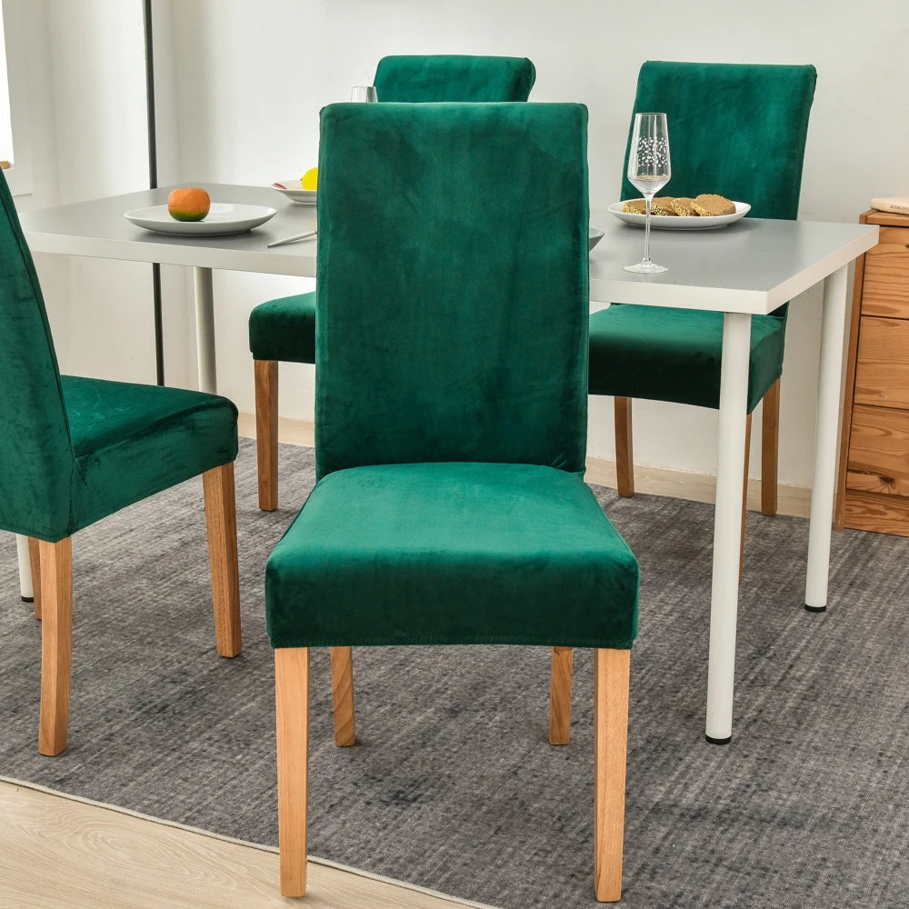 Dark Green Velvet Plush Stretch Slipcover Elastic Spandex Chair Cover For Dining Room Kitchen Wedding Banquet Hotel