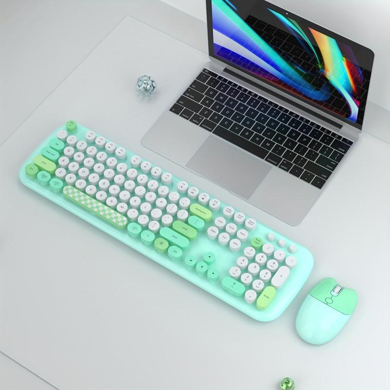 Bluetooth Keyboard Mouse Combo Set Green Retro Design Wireless Soft Touch Keys