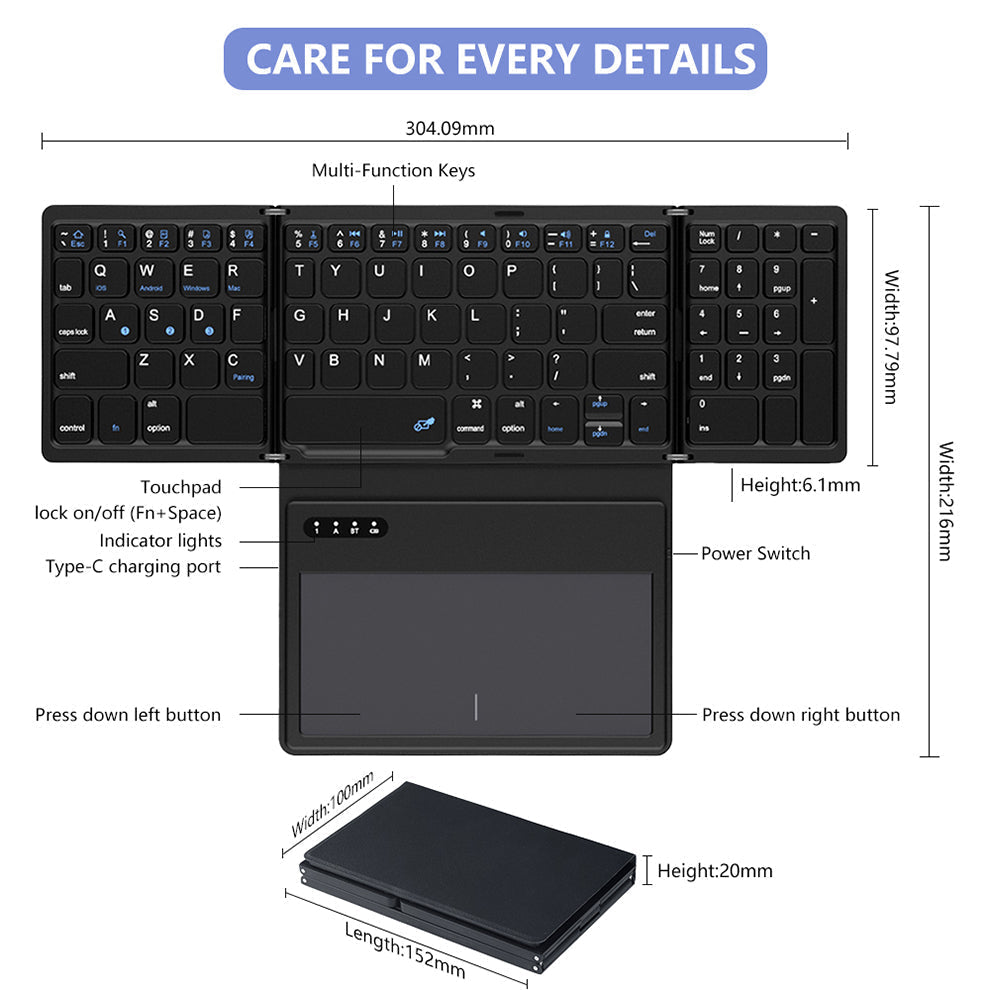 Bluetooth Keyboard Black Mini Foldable Wireless Portable Computer Laptop Keys