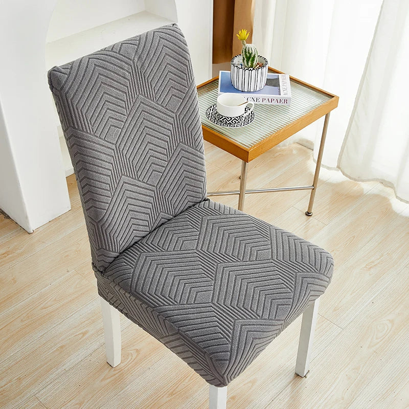 Chair Cover Dark Grey Geometric Lines Design Elastic Material For Dining Room