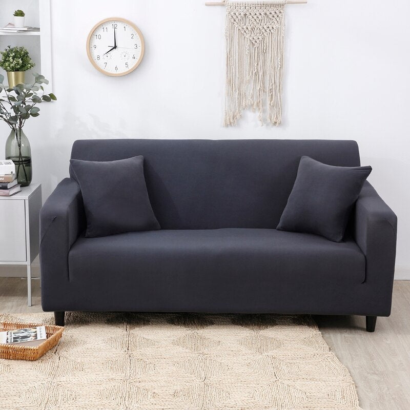 2 Seater Sofa Cover Plain Dark Grey Elastic Stretchable Slipcover For Living Room